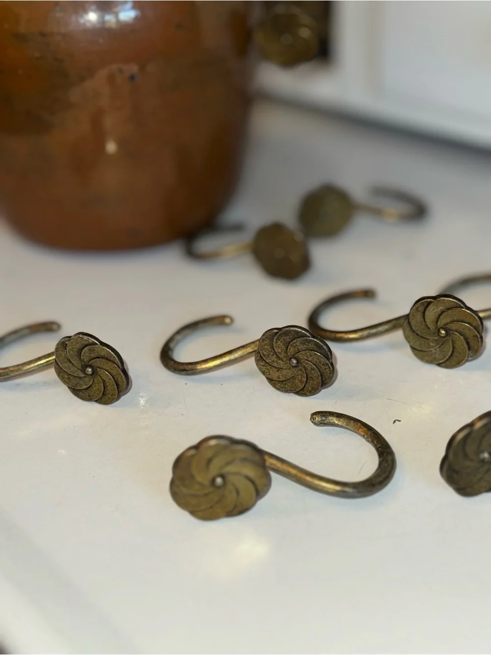 Antique Brass or Bronze Floral Curtain Hooks Set of 12